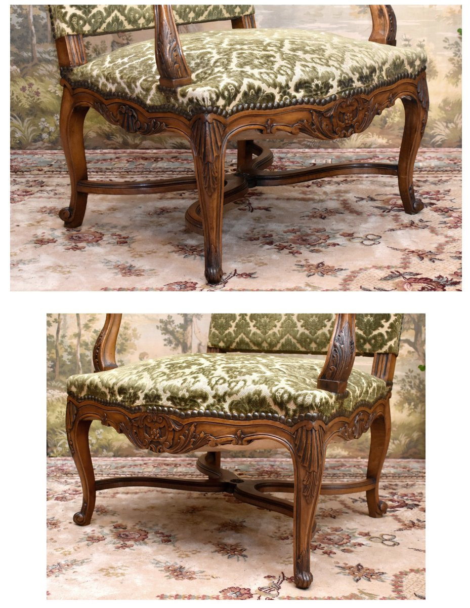 Importante Paire De Larges Et Grands Fauteuils Sculptés ,  De Style Régence , Entretoise En X -photo-2