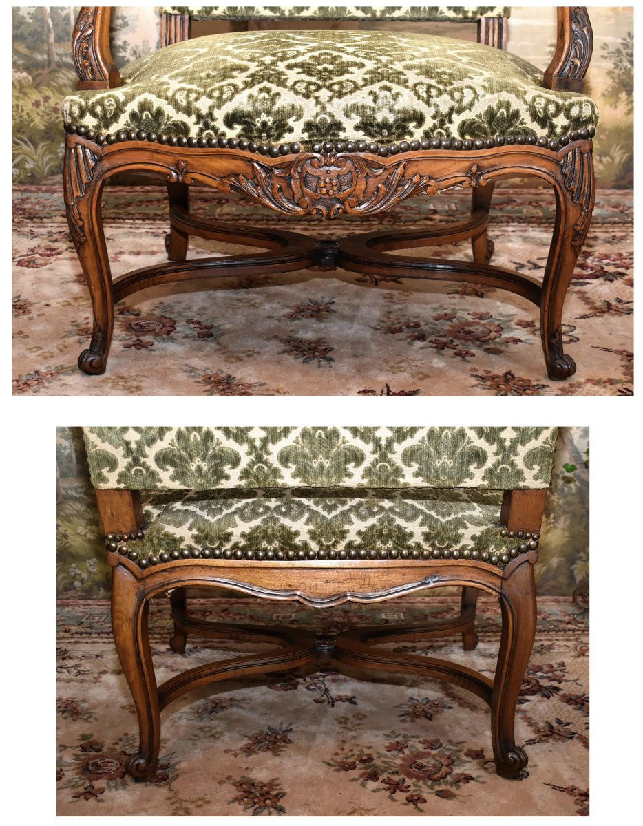 Importante Paire De Larges Et Grands Fauteuils Sculptés ,  De Style Régence , Entretoise En X -photo-3