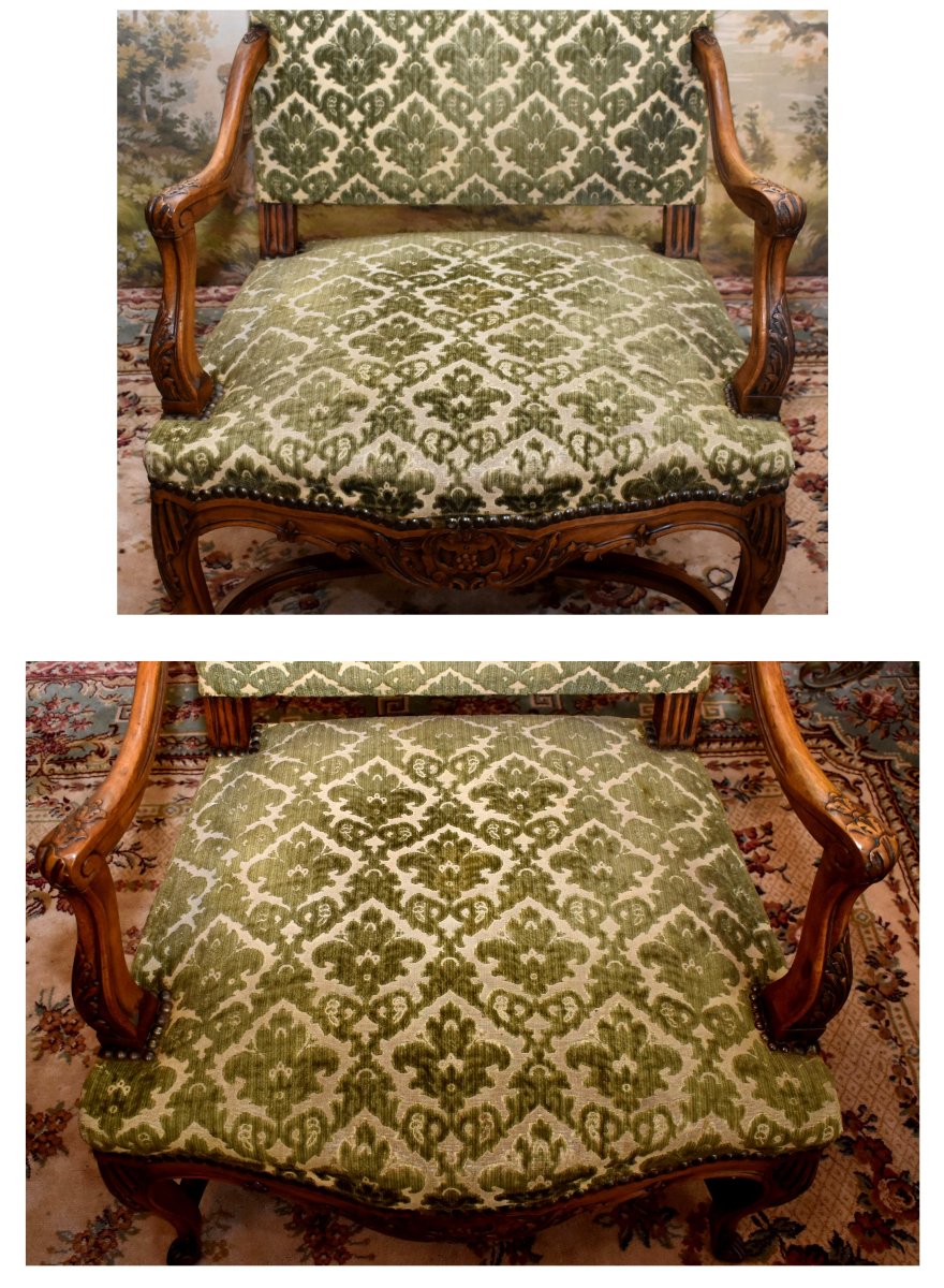 Importante Paire De Larges Et Grands Fauteuils Sculptés ,  De Style Régence , Entretoise En X -photo-6