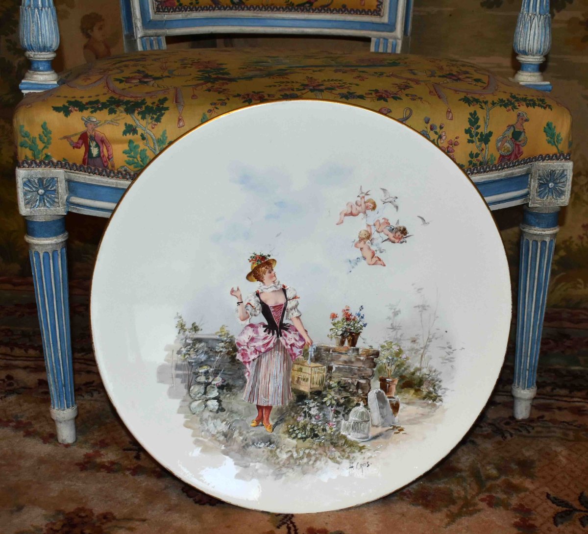 H. Cros  Important Plat Décoratif Peint à La Main, Faïence Fine, Fin XIXe, Décor Femme Et Anges-photo-2