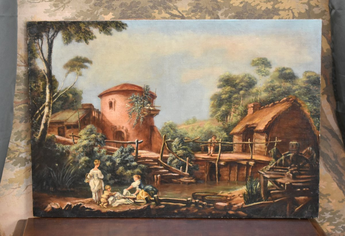 Paysage Campagne Animé, Ecole Française Du XIXe Dans Le Goût Du XVIII Siècle, Tableau Champêtre-photo-3