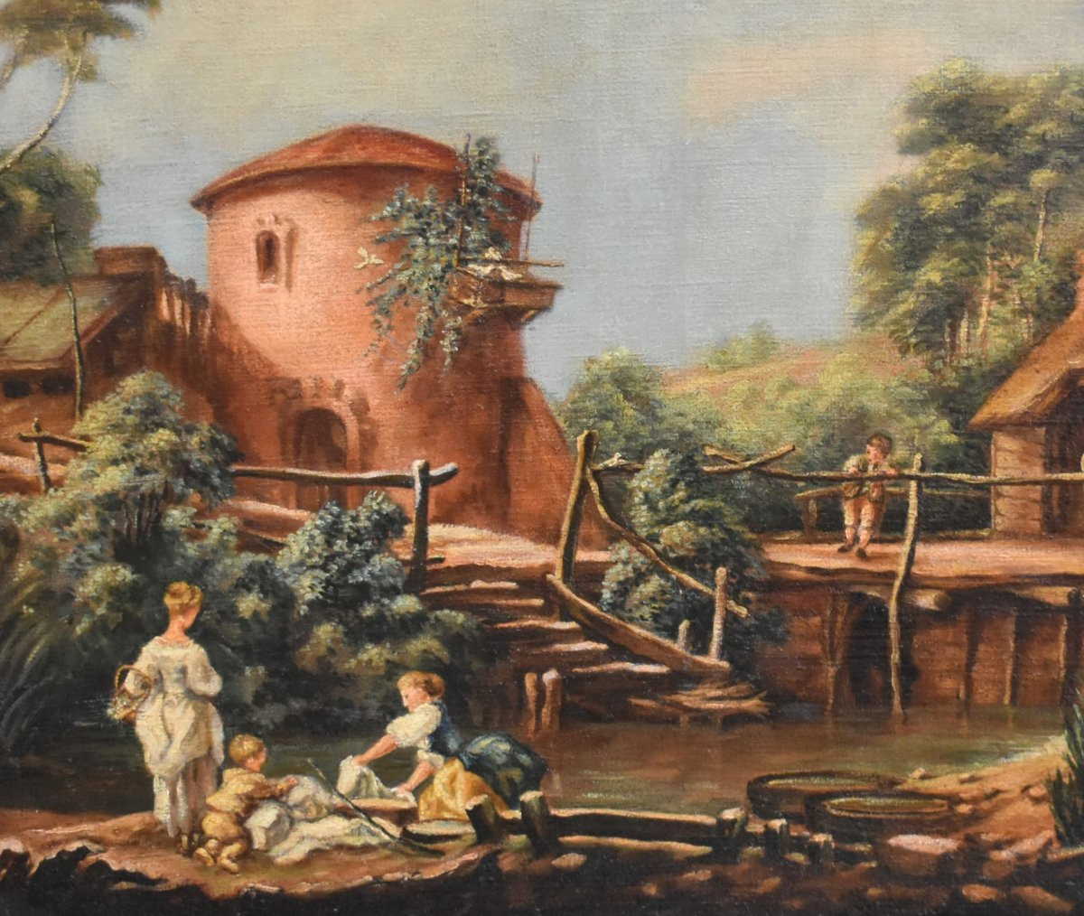 Paysage Campagne Animé, Ecole Française Du XIXe Dans Le Goût Du XVIII Siècle, Tableau Champêtre-photo-4