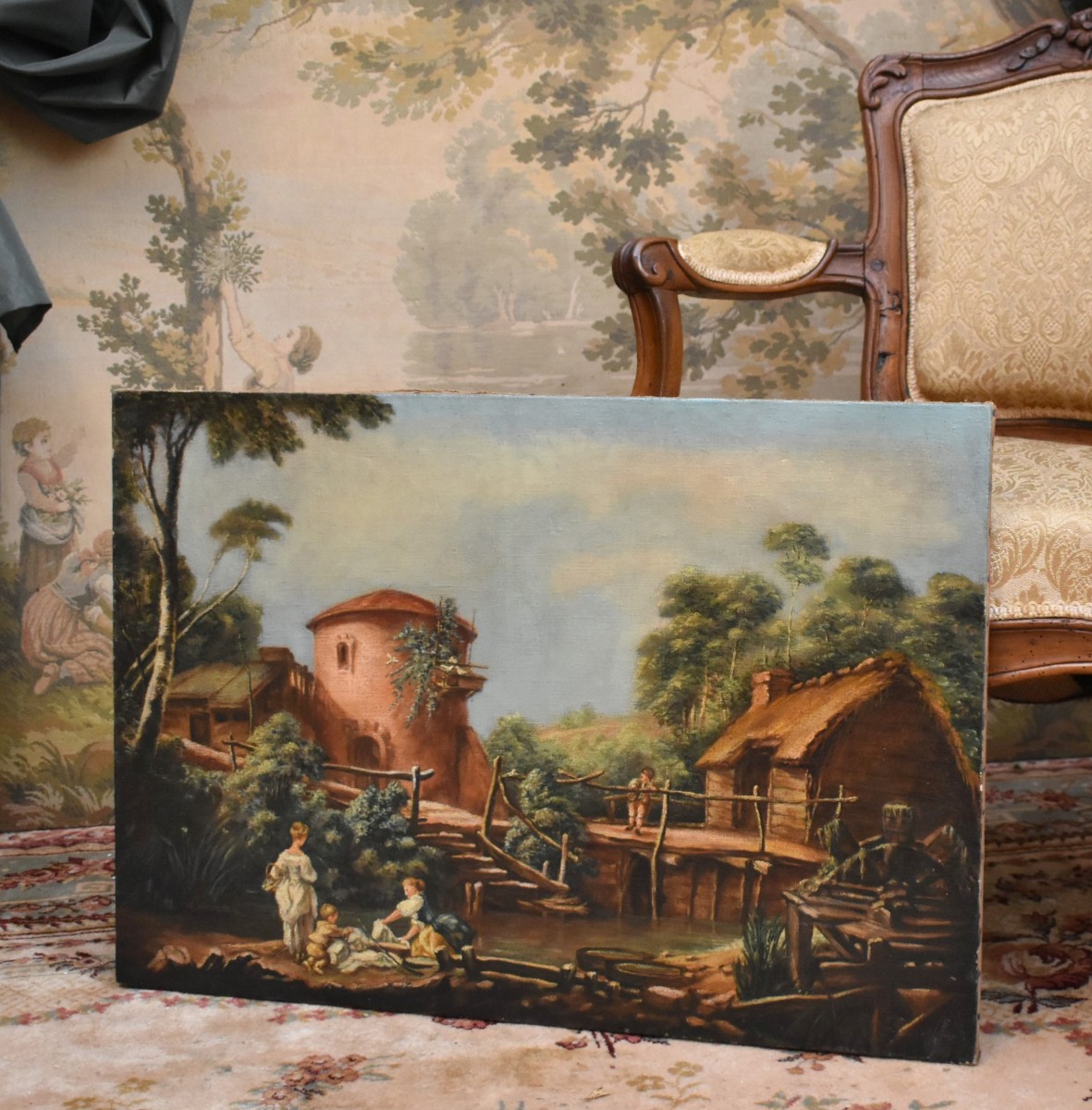 Paysage Campagne Animé, Ecole Française Du XIXe Dans Le Goût Du XVIII Siècle, Tableau Champêtre-photo-2