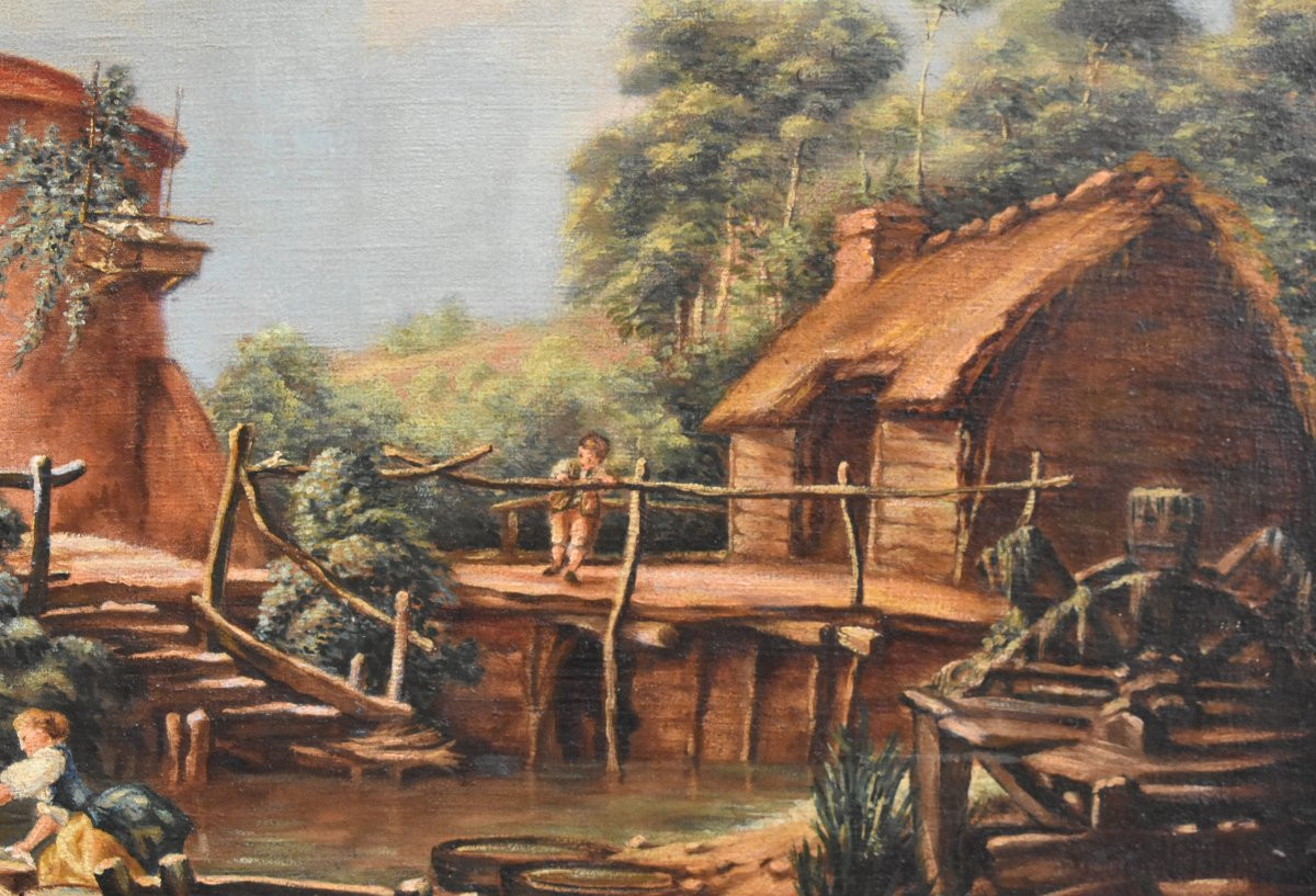 Paysage Campagne Animé, Ecole Française Du XIXe Dans Le Goût Du XVIII Siècle, Tableau Champêtre-photo-4