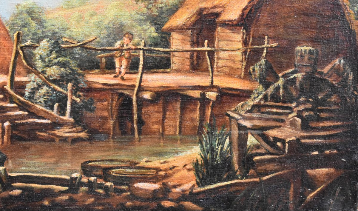 Paysage Campagne Animé, Ecole Française Du XIXe Dans Le Goût Du XVIII Siècle, Tableau Champêtre-photo-5