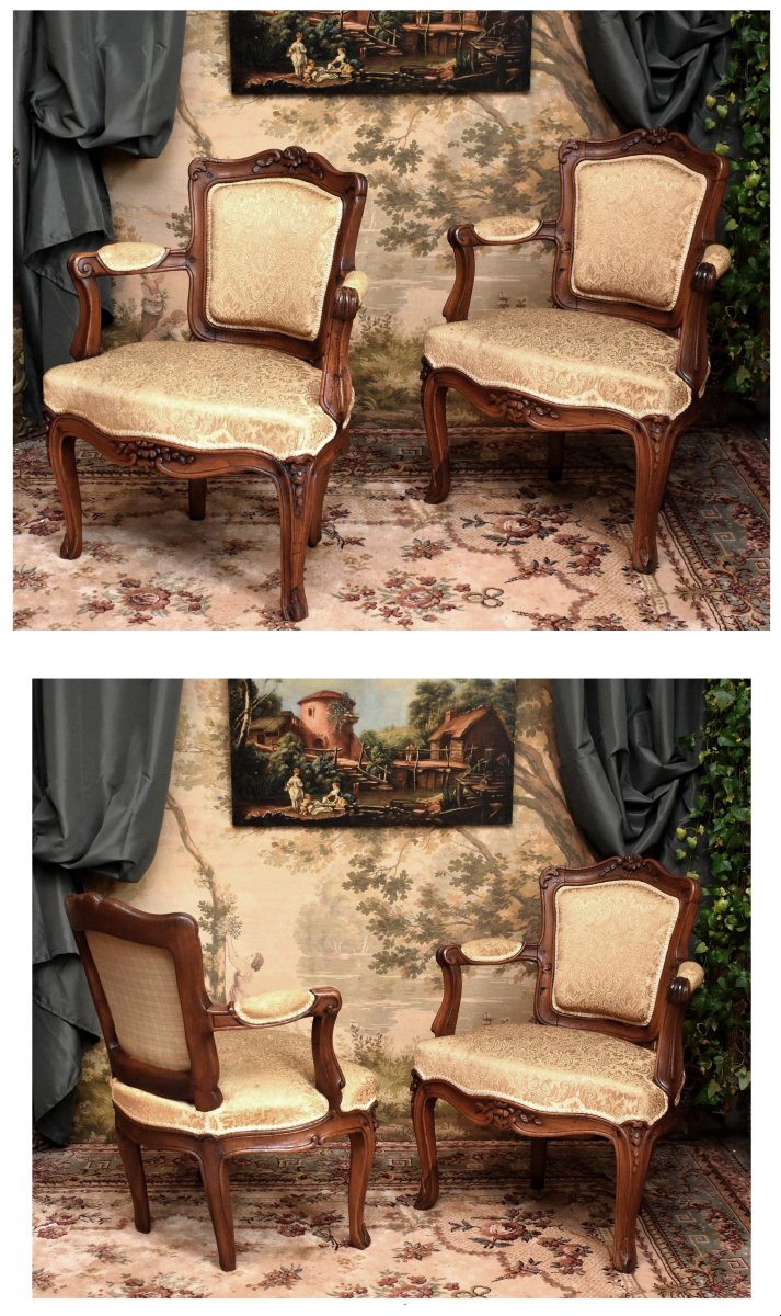 Paire de fauteuils  cabriolet Louis XV , époque XVIIIe , décor floral et acanthe-photo-3