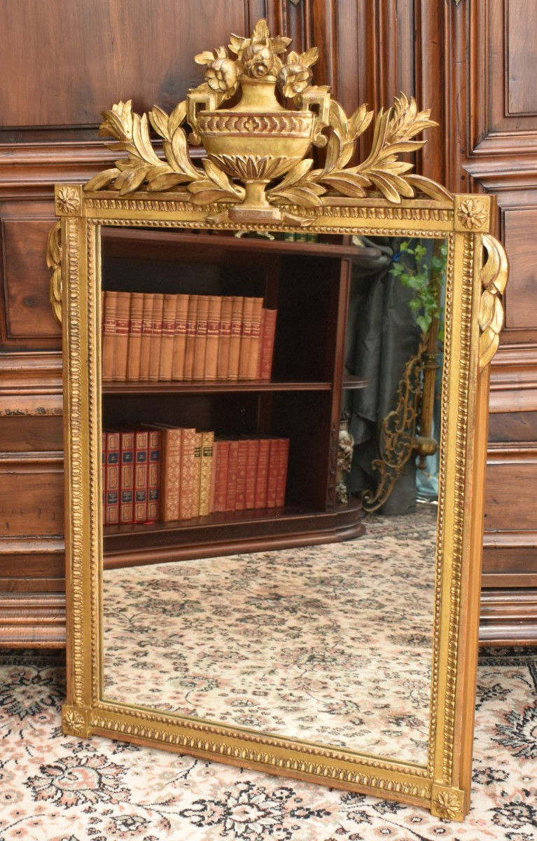 Miroir à Fronton  En Bois Doré  De  Style Louis XVI,  début XXe  