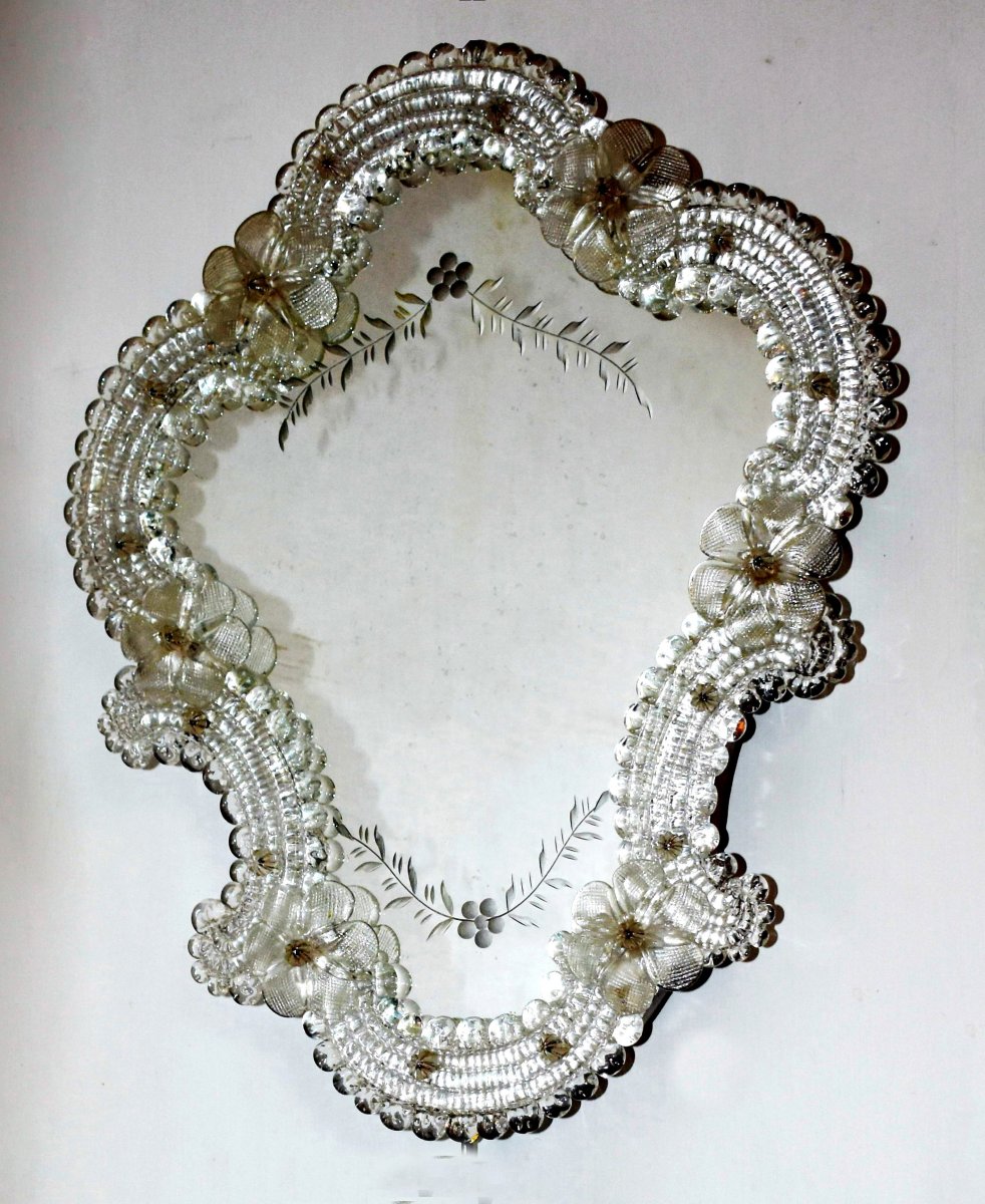 Murano Mirror In Chiselled And Engraved Glass And Crystal, Venetian Style, Italy, Venice-photo-2