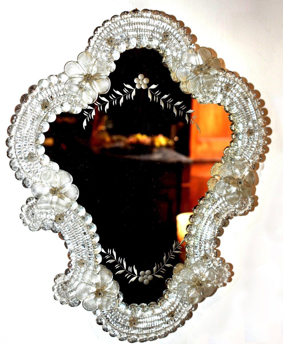 Murano Mirror In Chiselled And Engraved Glass And Crystal, Venetian Style, Italy, Venice-photo-3