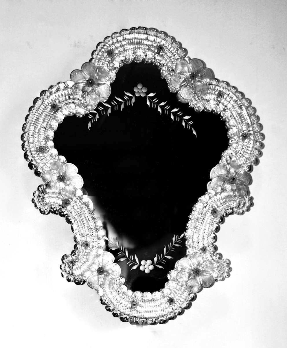 Murano Mirror In Chiselled And Engraved Glass And Crystal, Venetian Style, Italy, Venice