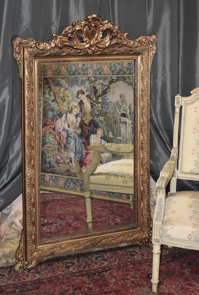 Grand Miroir à Fronton Style Louis XV , Epoque  Napoléon III , Glace En Bois Et Stuc Doré, XIXe-photo-2