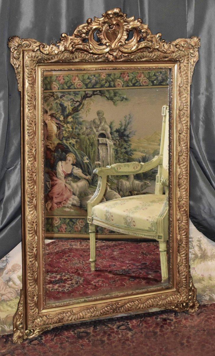 Grand Miroir à Fronton Style Louis XV , Epoque  Napoléon III , Glace En Bois Et Stuc Doré, XIXe-photo-3