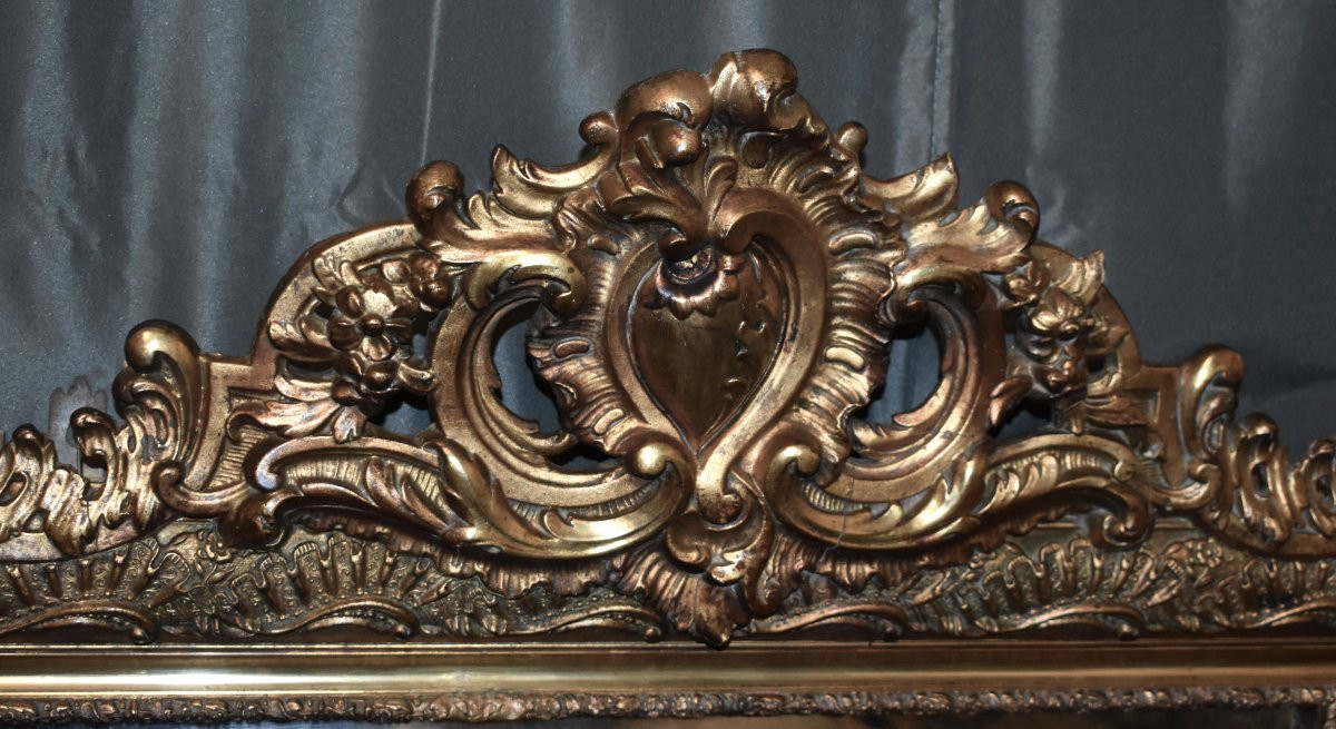 Grand Miroir à Fronton Style Louis XV , Epoque  Napoléon III , Glace En Bois Et Stuc Doré, XIXe-photo-1