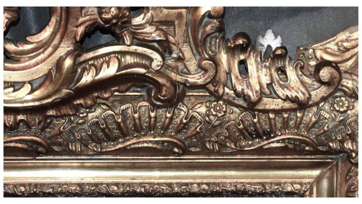 Grand Miroir à Fronton Style Louis XV , Epoque  Napoléon III , Glace En Bois Et Stuc Doré, XIXe-photo-2