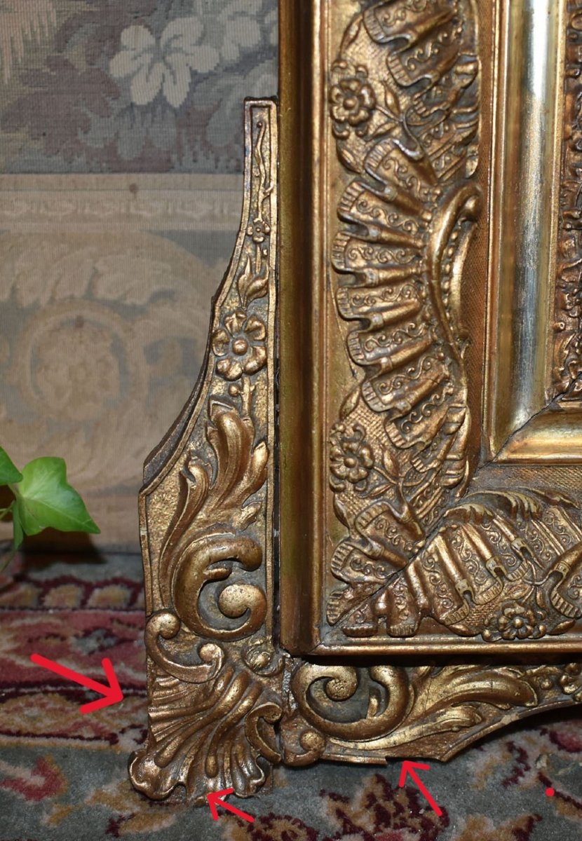 Grand Miroir à Fronton Style Louis XV , Epoque  Napoléon III , Glace En Bois Et Stuc Doré, XIXe-photo-6