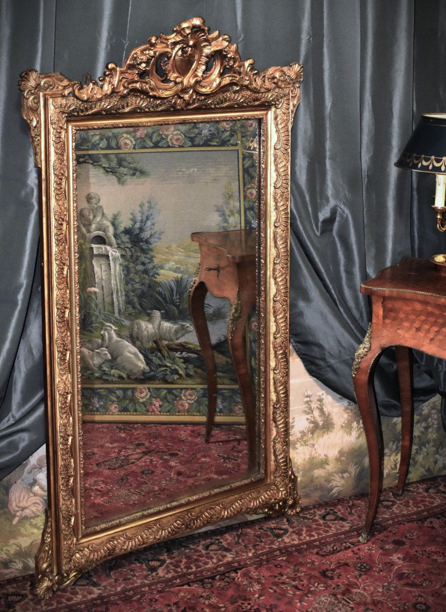 Grand Miroir à Fronton Style Louis XV , Epoque  Napoléon III , Glace En Bois Et Stuc Doré, XIXe