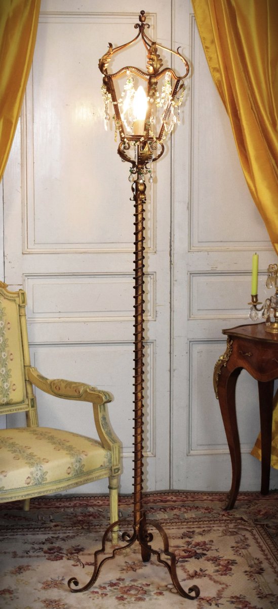 Grand Lampadaire en Fer Forgé, Pampilles, Lanterne De Parquet, lampe sur Pied Peint Vieil or.  -photo-3