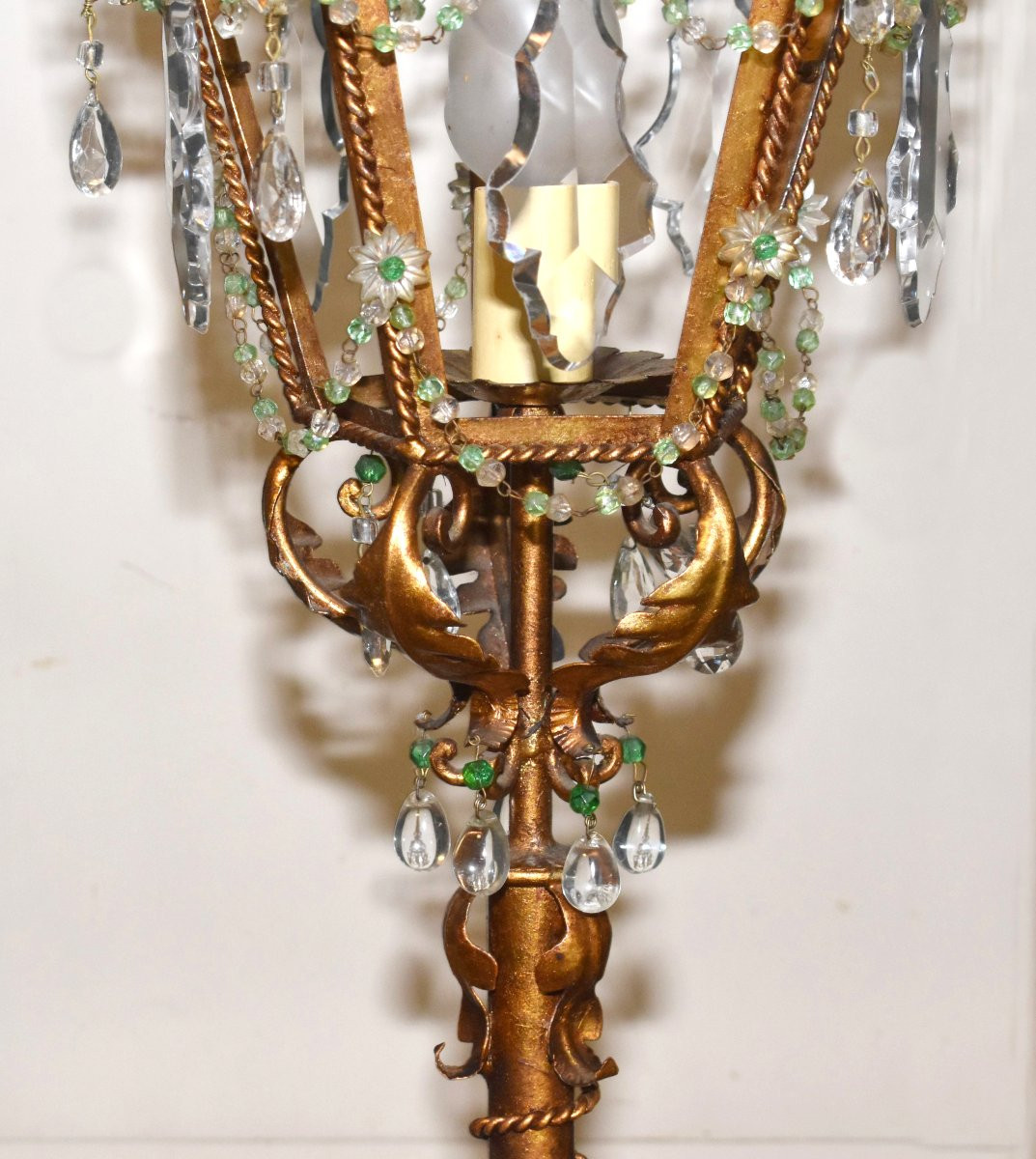 Grand Lampadaire en Fer Forgé, Pampilles, Lanterne De Parquet, lampe sur Pied Peint Vieil or.  -photo-3