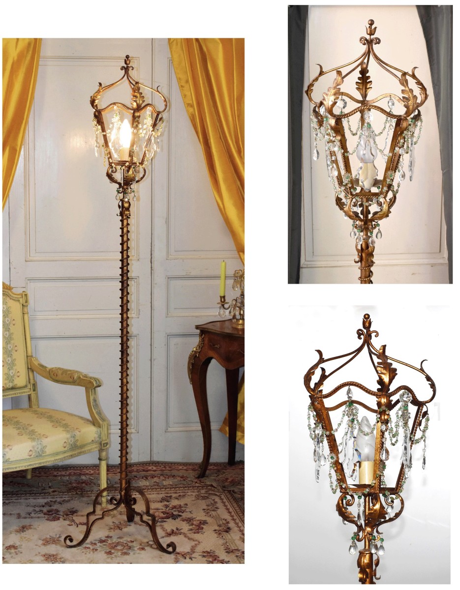 Grand Lampadaire en Fer Forgé, Pampilles, Lanterne De Parquet, lampe sur Pied Peint Vieil or.  