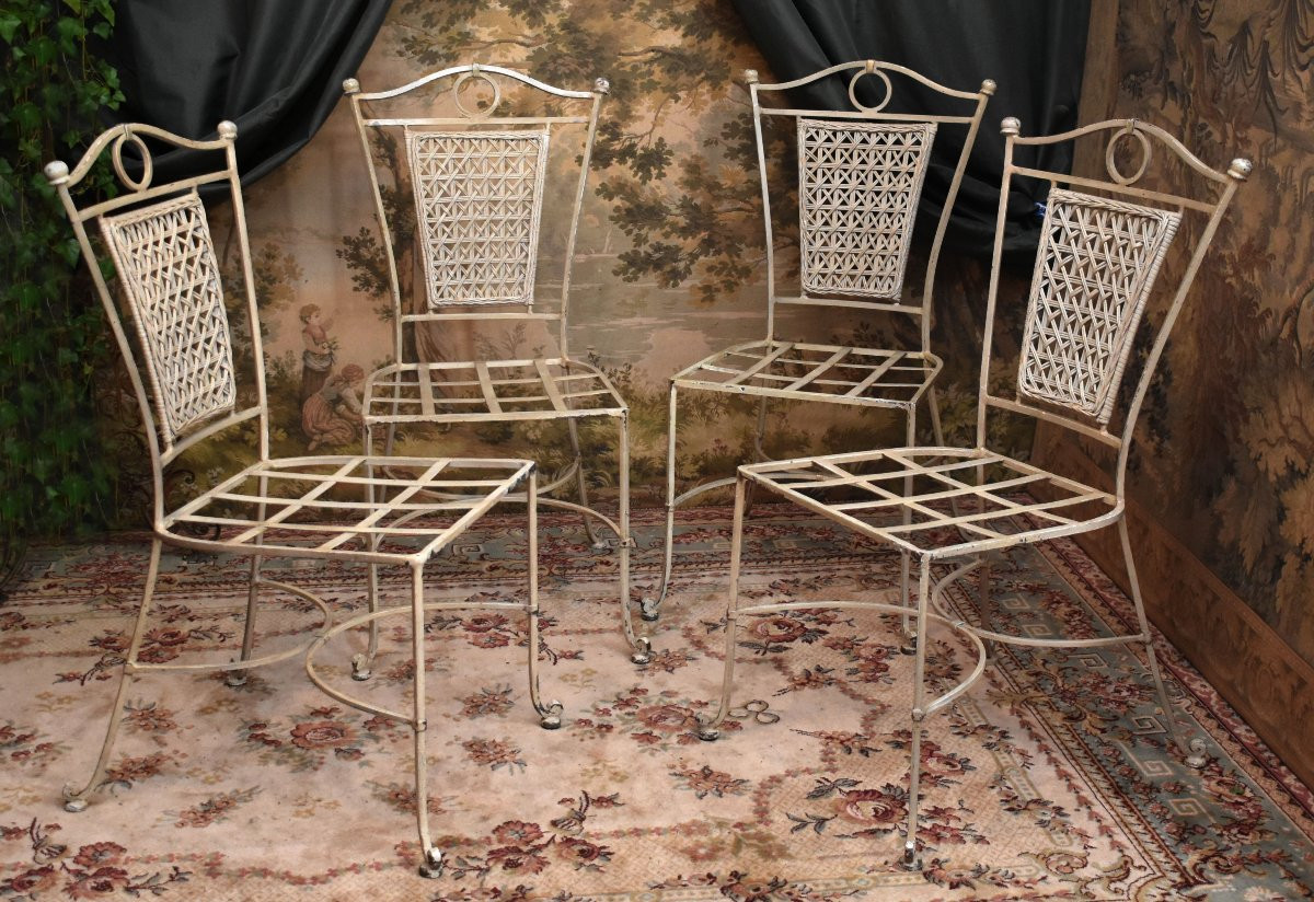 4 chaises en fer forgé laqué dossier osier tressé , peint en blanc crème, intérieur extérieur-photo-2