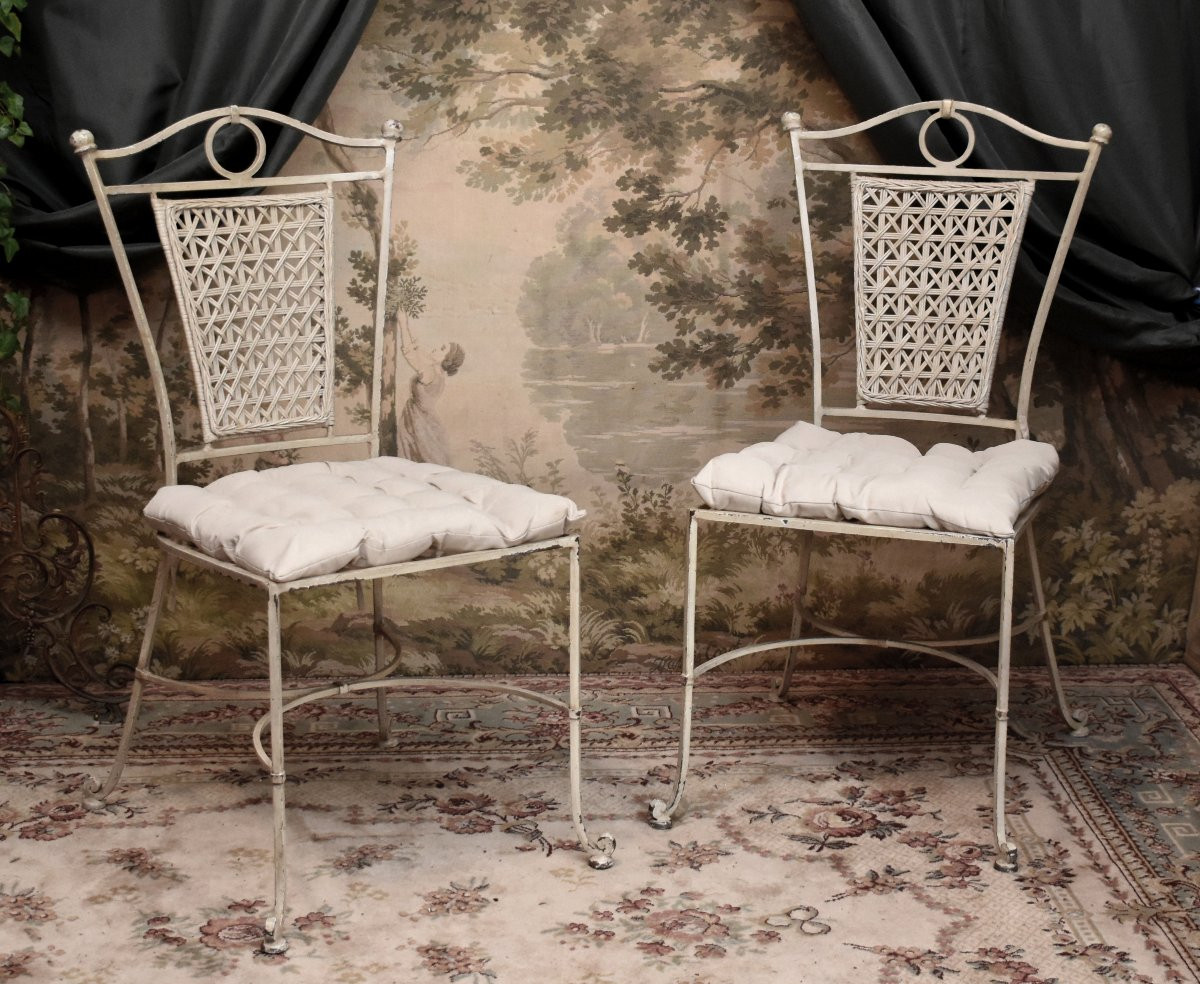 4 chaises en fer forgé laqué dossier osier tressé , peint en blanc crème, intérieur extérieur-photo-3