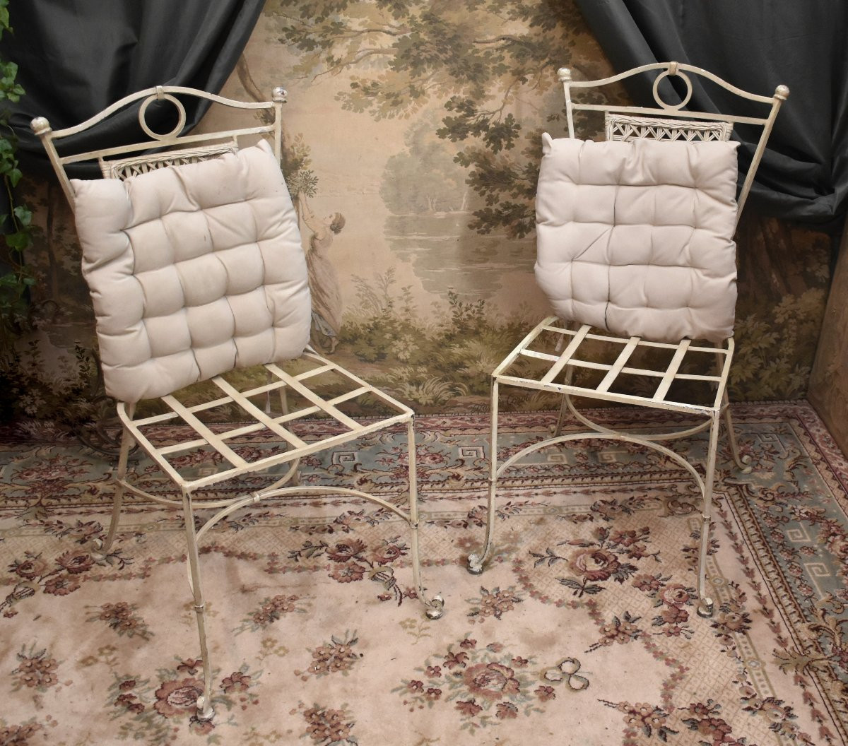 4 chaises en fer forgé laqué dossier osier tressé , peint en blanc crème, intérieur extérieur-photo-4