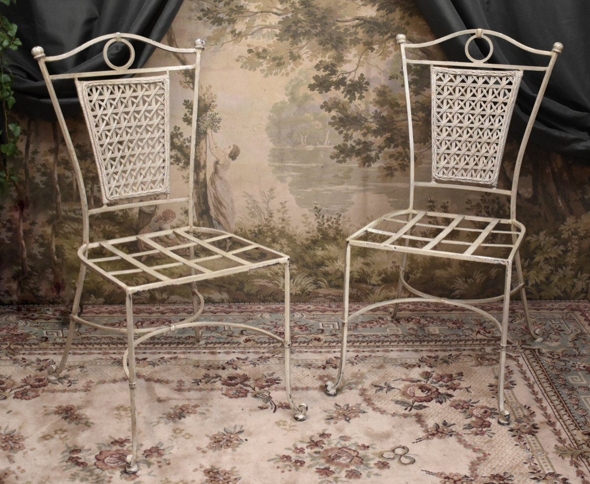 4 chaises en fer forgé laqué dossier osier tressé , peint en blanc crème, intérieur extérieur-photo-1
