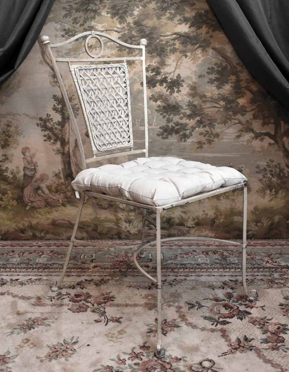 4 chaises en fer forgé laqué dossier osier tressé , peint en blanc crème, intérieur extérieur-photo-2