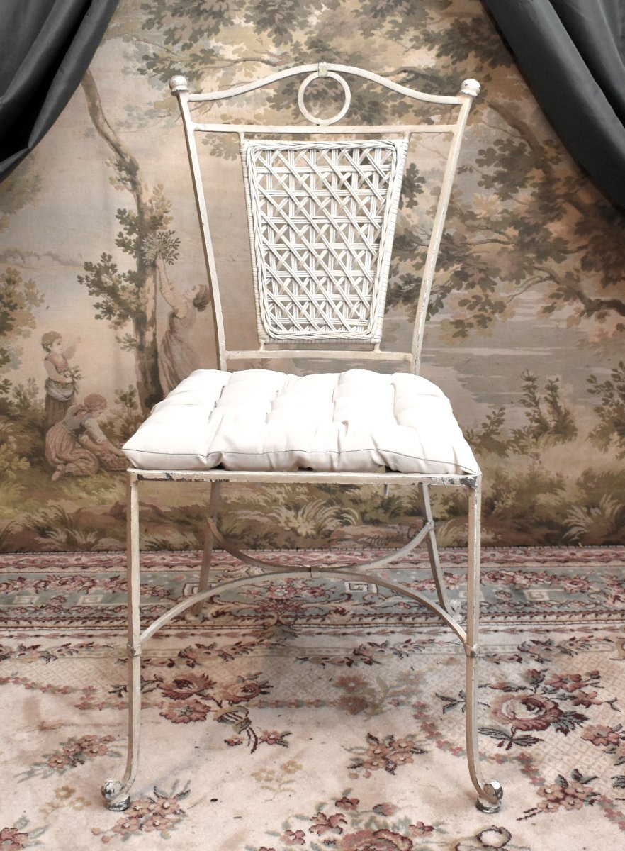 4 chaises en fer forgé laqué dossier osier tressé , peint en blanc crème, intérieur extérieur-photo-3