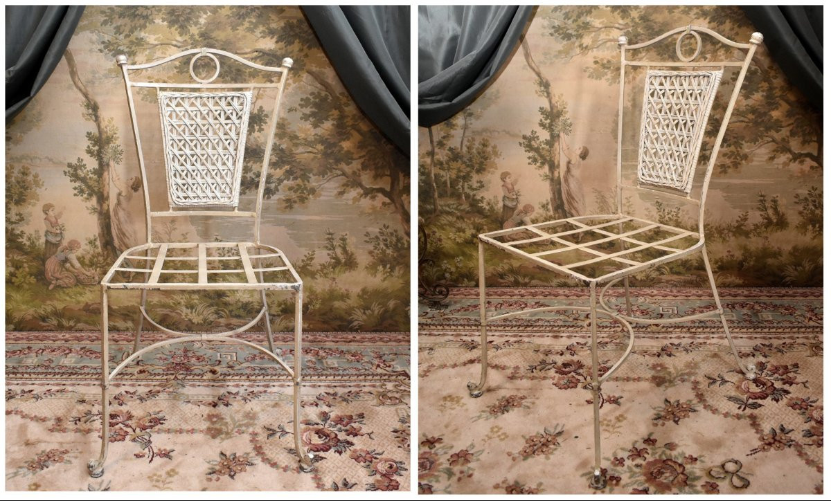 4 chaises en fer forgé laqué dossier osier tressé , peint en blanc crème, intérieur extérieur-photo-5