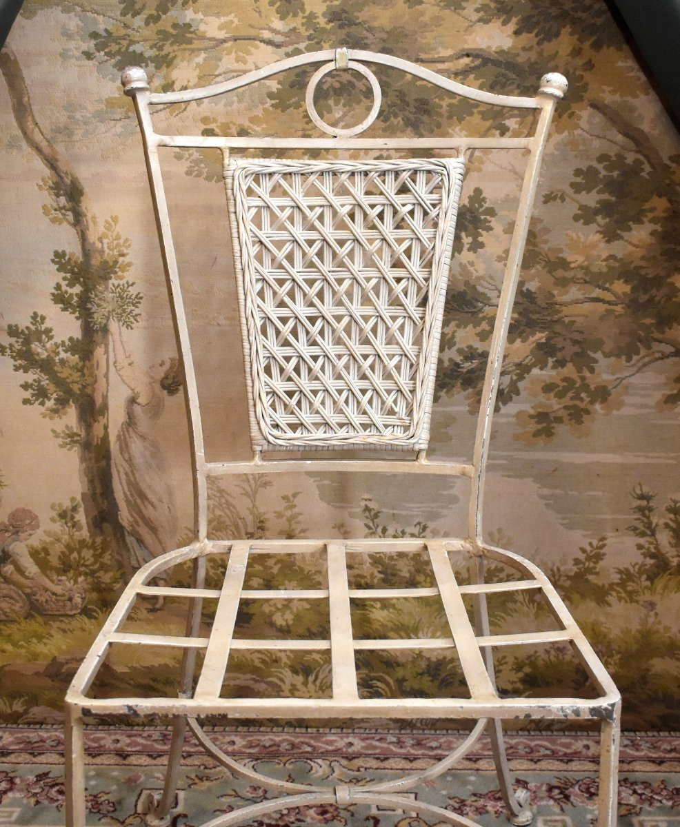 4 chaises en fer forgé laqué dossier osier tressé , peint en blanc crème, intérieur extérieur-photo-6