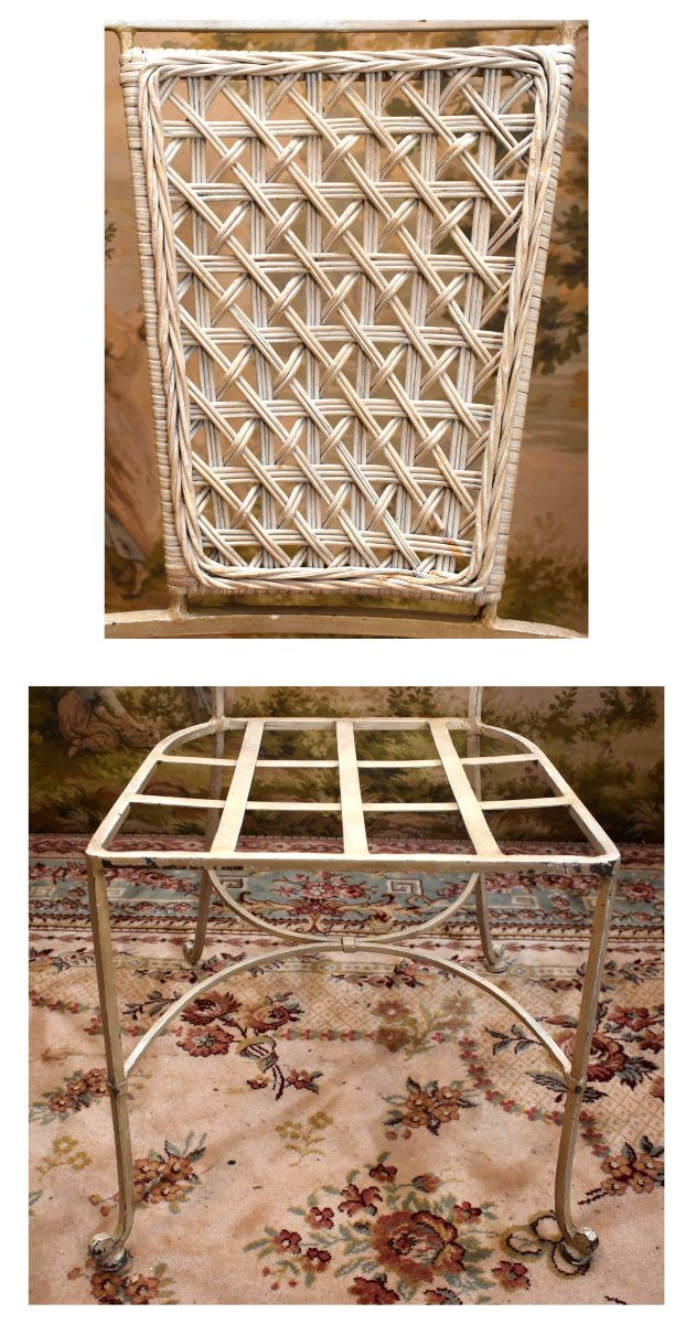 4 chaises en fer forgé laqué dossier osier tressé , peint en blanc crème, intérieur extérieur-photo-7