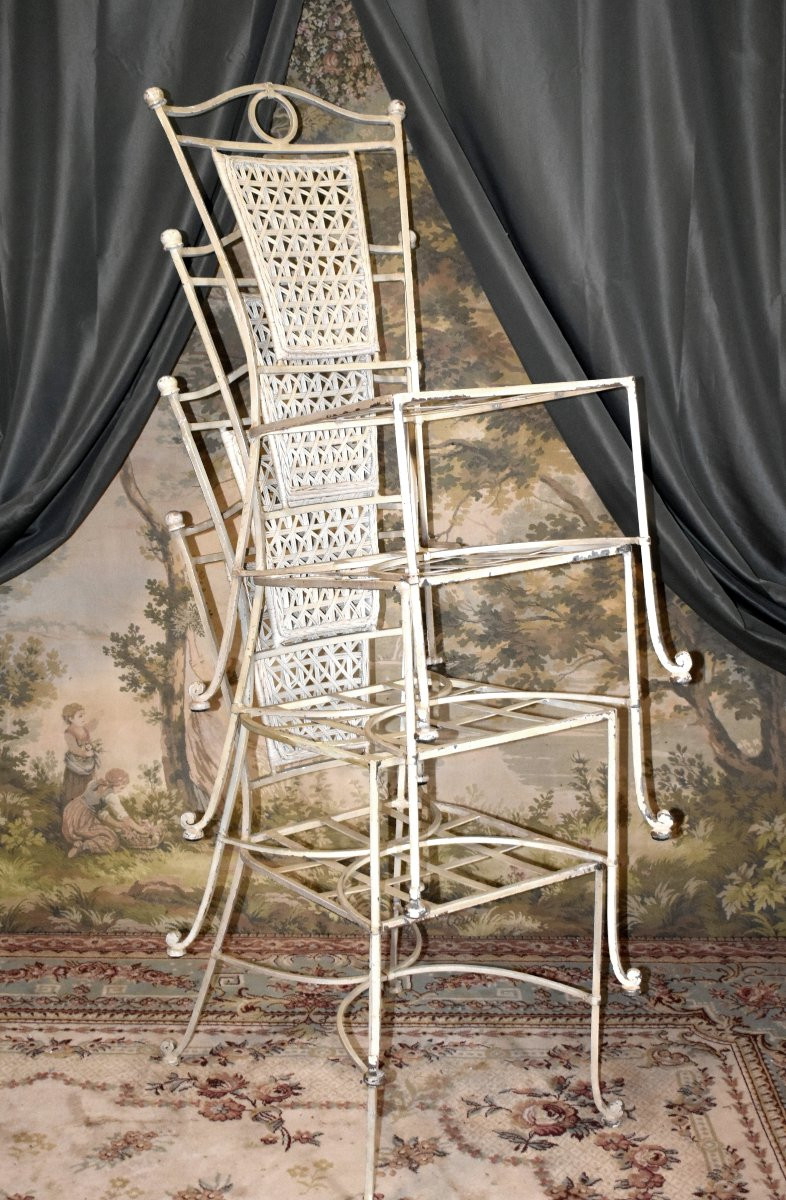 4 chaises en fer forgé laqué dossier osier tressé , peint en blanc crème, intérieur extérieur-photo-8