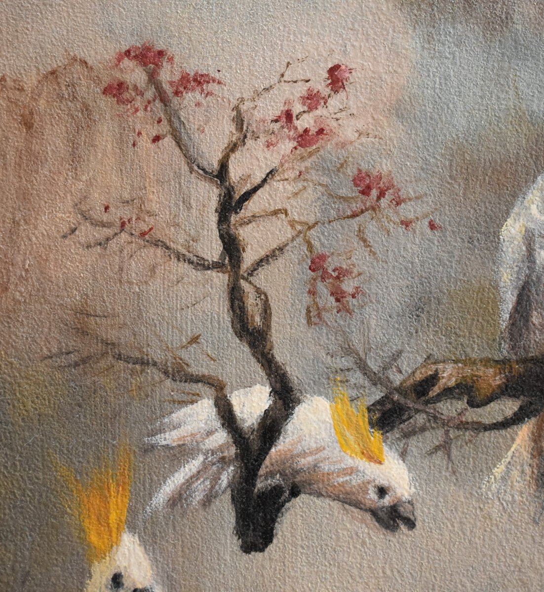 peinture aux trois cacatoès , huile sur toile , 3 oiseaux  perchés .-photo-3