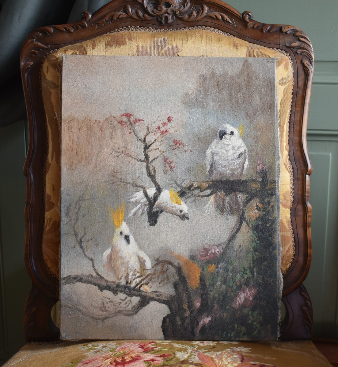 peinture aux trois cacatoès , huile sur toile , 3 oiseaux  perchés .