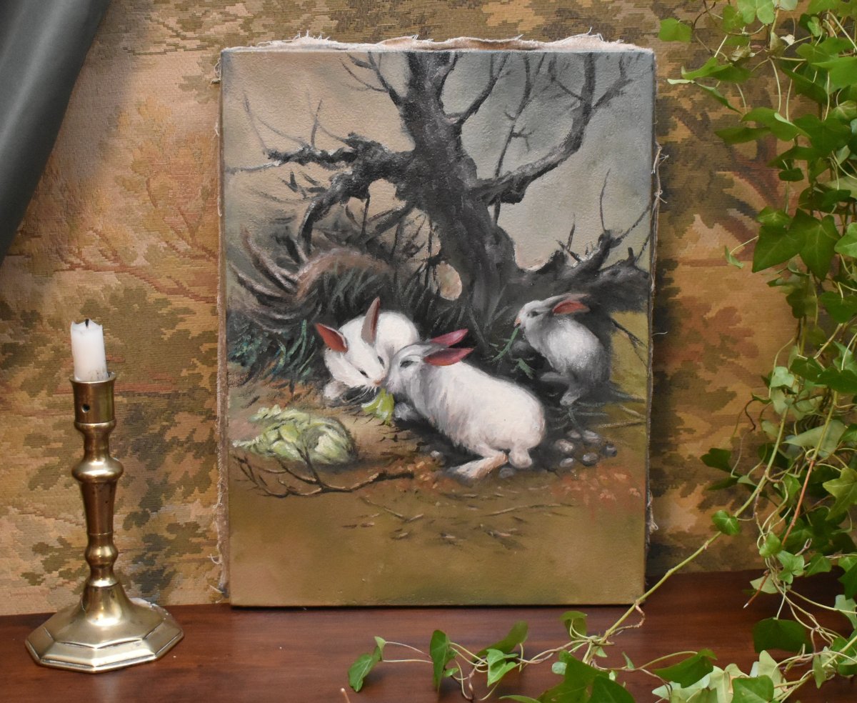 Three Rabbits Painting , Oil On Canvas , Farm Animals-photo-2