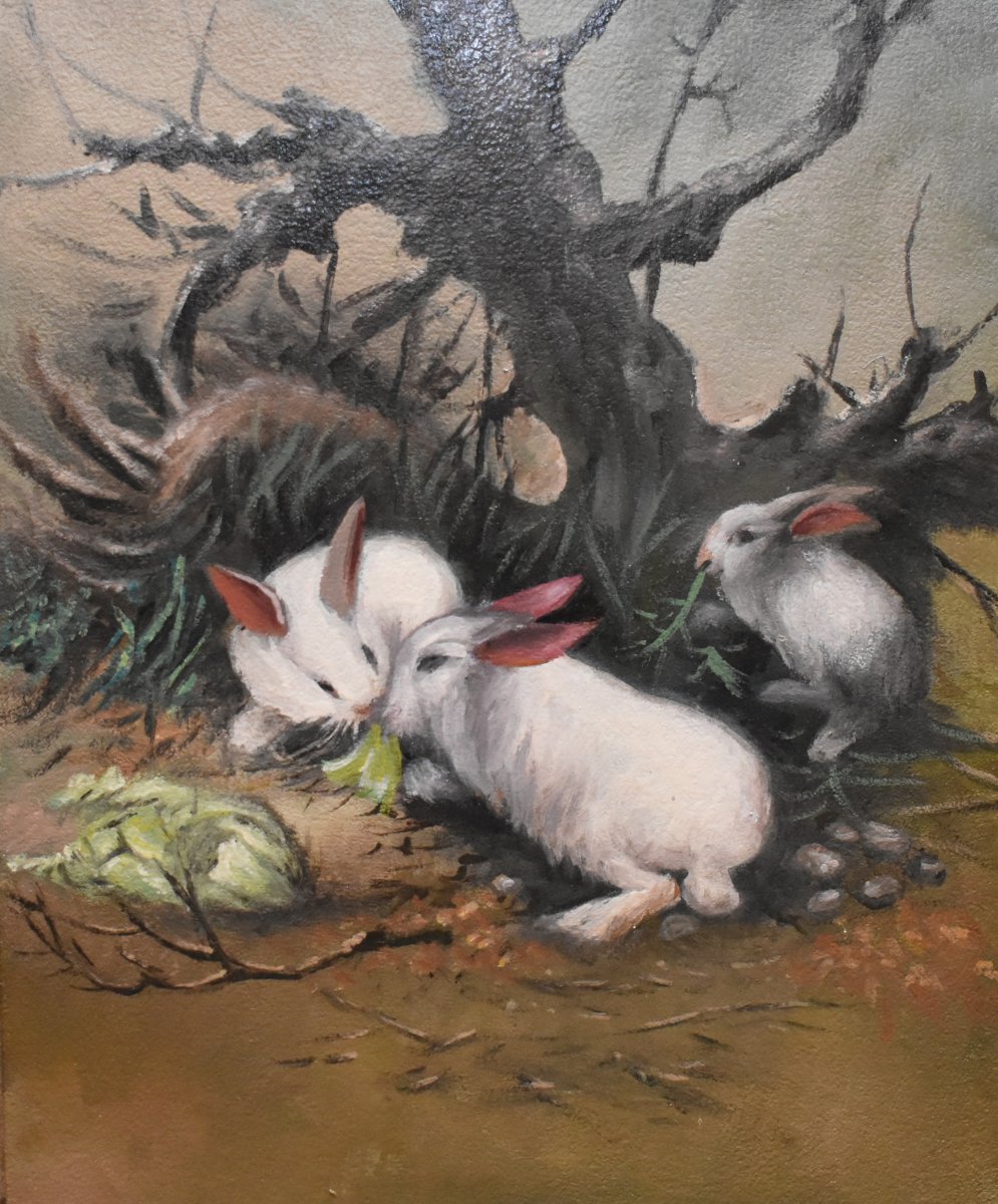 Three Rabbits Painting , Oil On Canvas , Farm Animals-photo-3