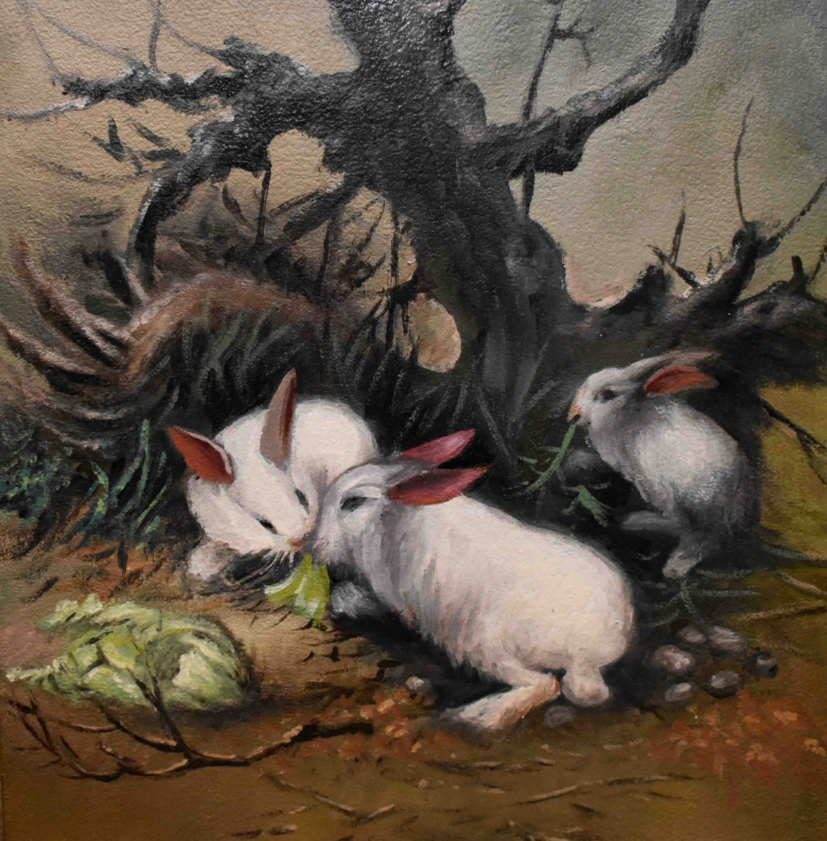 Three Rabbits Painting , Oil On Canvas , Farm Animals-photo-4