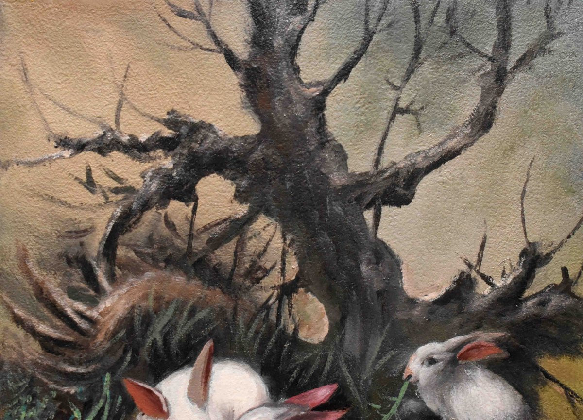Three Rabbits Painting , Oil On Canvas , Farm Animals-photo-2