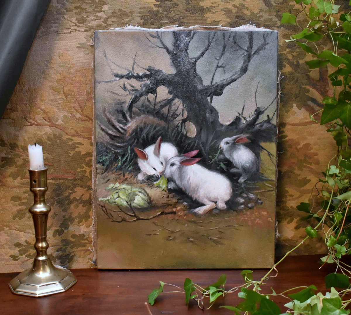 Three Rabbits Painting , Oil On Canvas , Farm Animals