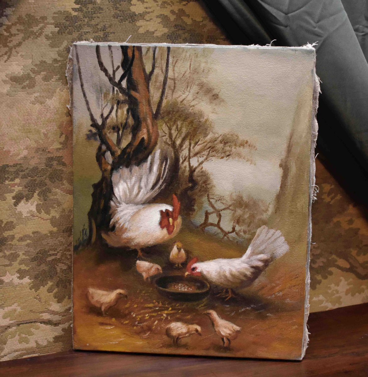 Painting Of Farm Animals, Oil On Canvas, Hen, Rooster, Chicks In A Barnyard.-photo-3