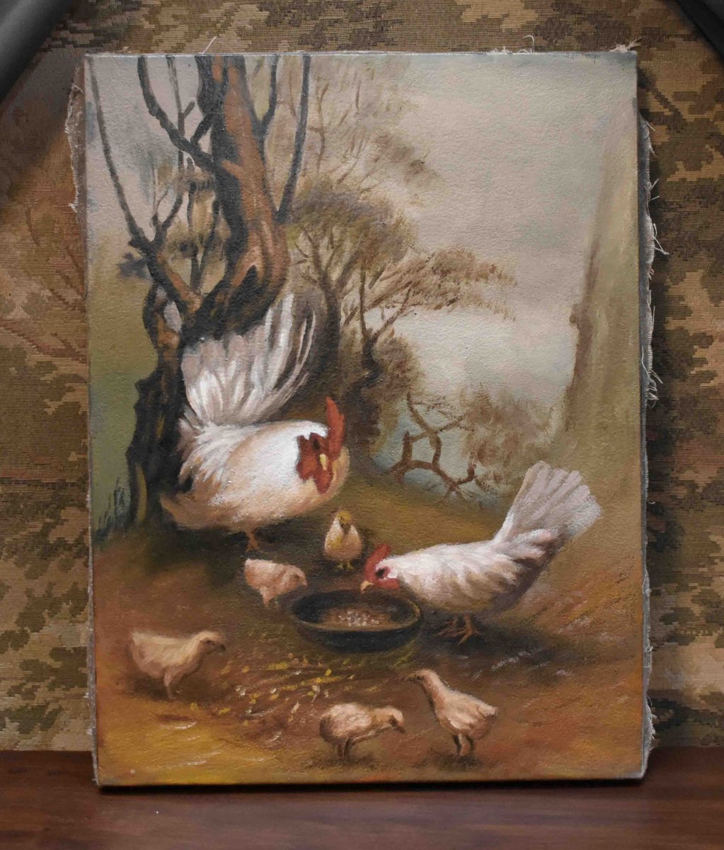 Painting Of Farm Animals, Oil On Canvas, Hen, Rooster, Chicks In A Barnyard.-photo-4