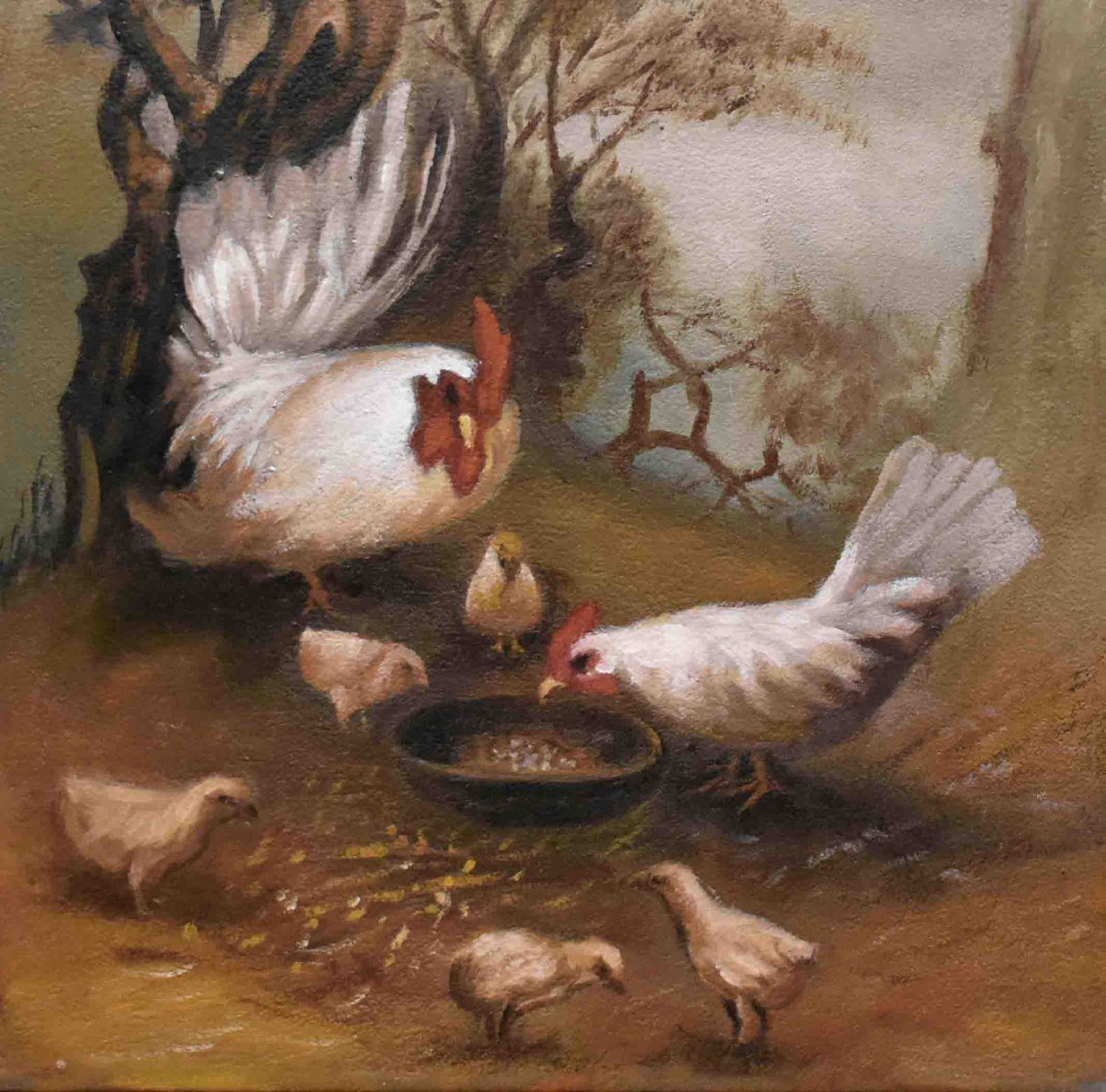 Painting Of Farm Animals, Oil On Canvas, Hen, Rooster, Chicks In A Barnyard.-photo-1