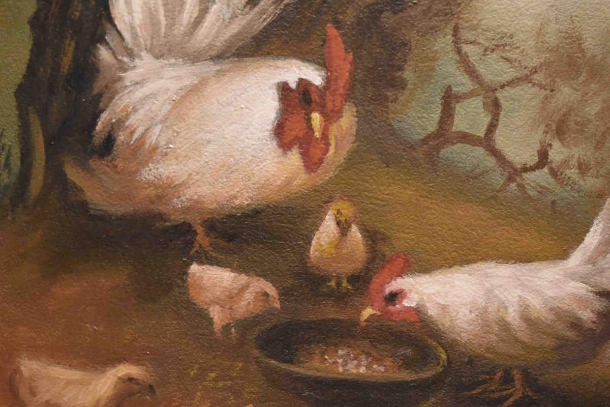 Painting Of Farm Animals, Oil On Canvas, Hen, Rooster, Chicks In A Barnyard.-photo-2
