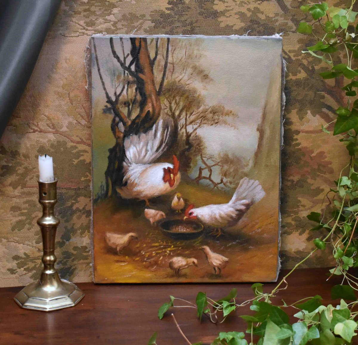 Painting Of Farm Animals, Oil On Canvas, Hen, Rooster, Chicks In A Barnyard.