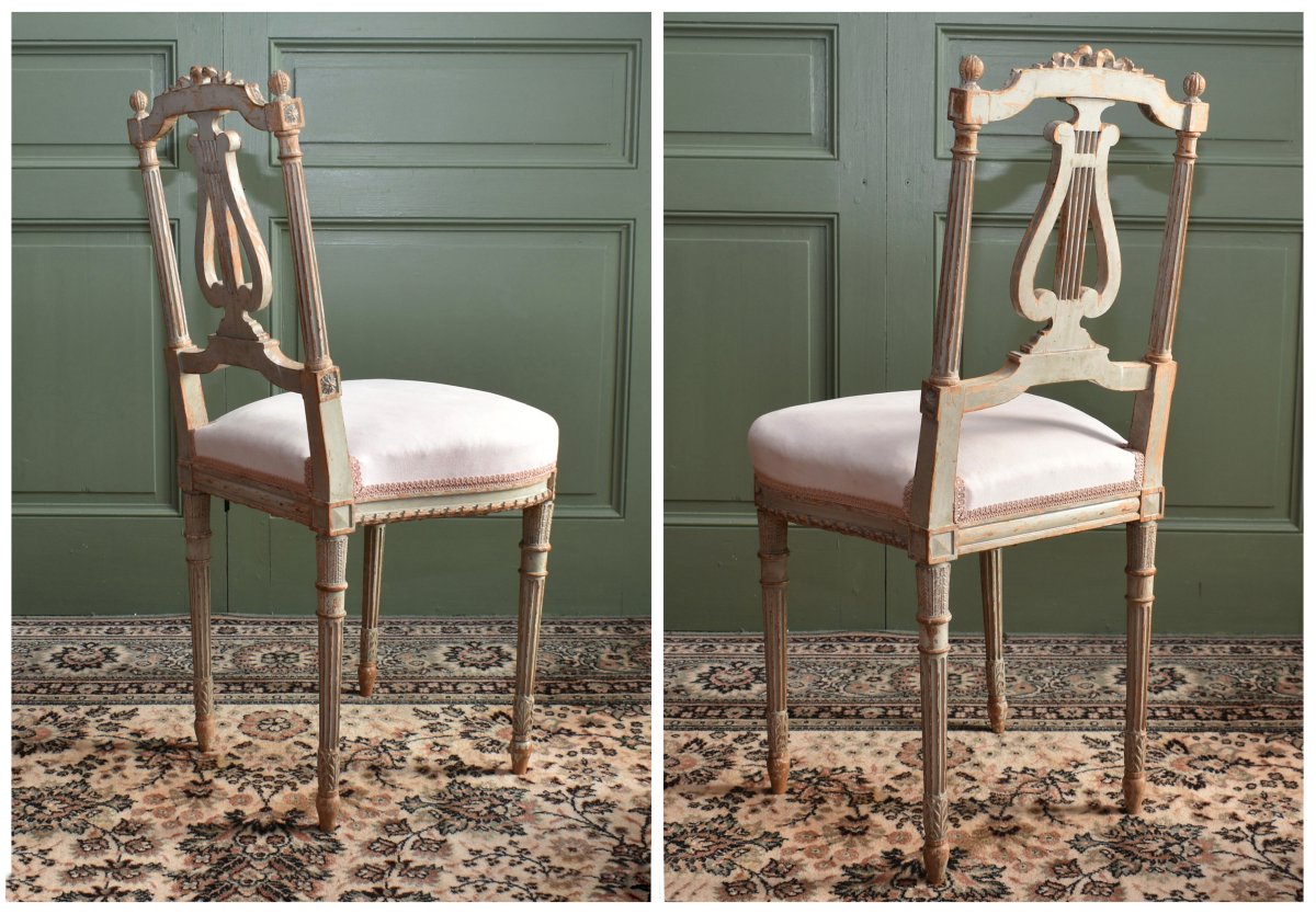 Chaise de salon dite de musicien, de style Louis XVI en bois laqué peint , dossier lyre,  XIXe -photo-4