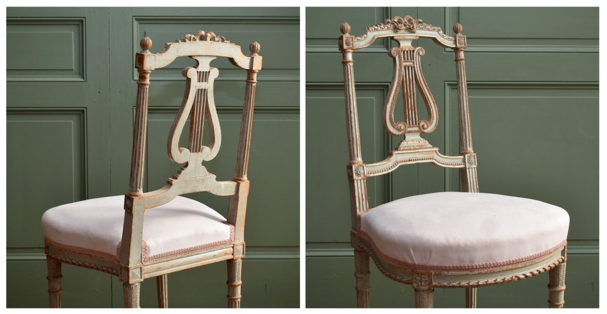 Chaise de salon dite de musicien, de style Louis XVI en bois laqué peint , dossier lyre,  XIXe -photo-1