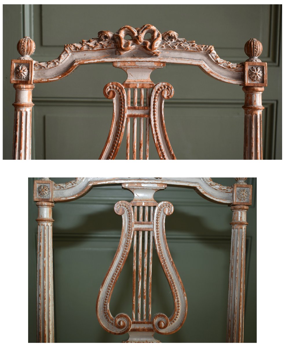 Chaise de salon dite de musicien, de style Louis XVI en bois laqué peint , dossier lyre,  XIXe -photo-3