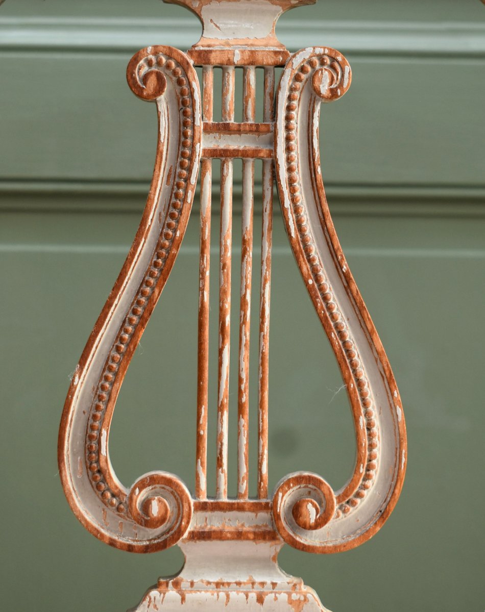 Chaise de salon dite de musicien, de style Louis XVI en bois laqué peint , dossier lyre,  XIXe -photo-5