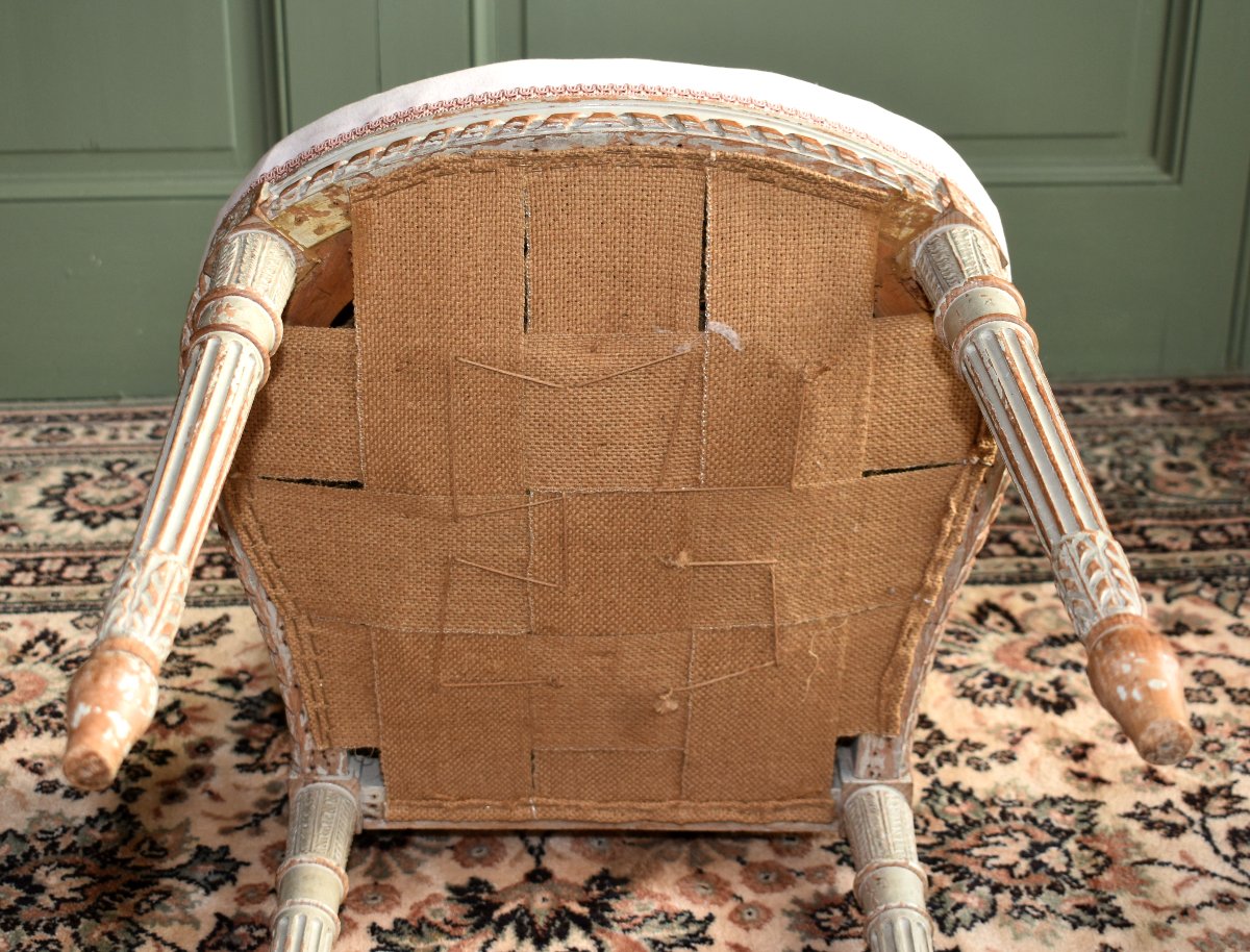 Chaise de salon dite de musicien, de style Louis XVI en bois laqué peint , dossier lyre,  XIXe -photo-8